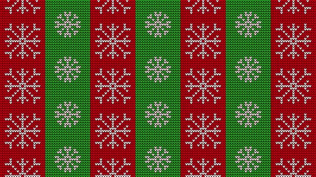 Knitted christmas background - red and green stripes with snowflake. Winter retro ornament. Looped animation.