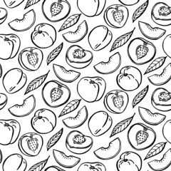 Seamless pattern with peach fruits and leaves. Graphic hand drawn engraving style. Doodle illustration for packaging, menu cards, posters, prints.