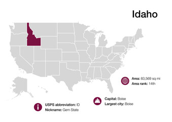 Obraz premium Map of Idaho state with political demographic information and biggest cities