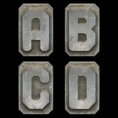 Set of capital letters A, B, C, D made of industrial metal isolated on black background. 3d