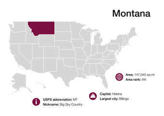 Obraz premium Map of Montana state with political demographic information and biggest cities