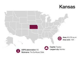 Obraz premium Map of Kansas state with political demographic information and biggest cities