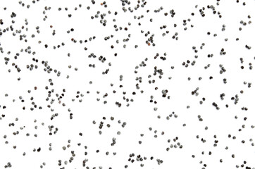 Blue poppy seeds isolated on white background, top view. Heap of poppy seeds isolated on white background. Small poppy seeds in a heap, top view. Poppy seeds isolated on white background.