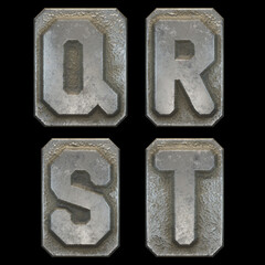 Set of capital letters Q, R, S, T made of industrial metal isolated on black background. 3d