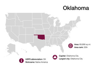 Map of Oklahoma state with political demographic information and biggest cities