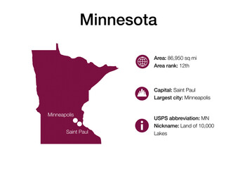 Map of Minnesota state with political demographic information and biggest cities