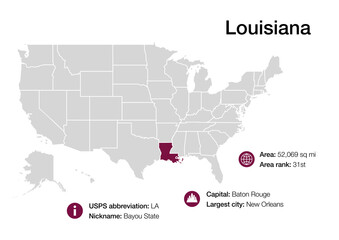 Map of Louisiana state with political demographic information and biggest cities