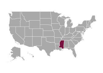 Map of Mississippi state and position in the United States