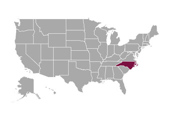 Map of North Carolina state and position in the United States