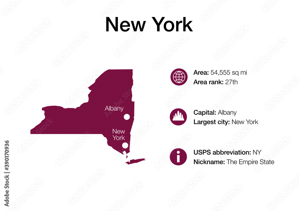 Wall mural Map of New York state with political demographic information and biggest cities