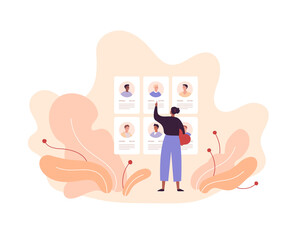 Online dating service concept. Vector flat people illustration. African american woman standing with heart shape love symbol choosing from men profile with portrait. Design for banner, web.