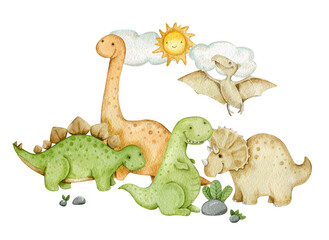 watercolor cute little dinosaurus background