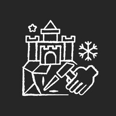 Ice sculpture chalk white icon on black background. Artist shaping crystal. Winter seasonal frozen decoration. Creative craft. Festive entertainment. Isolated vector chalkboard illustration