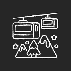 Cable railway chalk white icon on black background. Transportation to ski resort. Vehicle to mountain top. Rope lift. Electrical gondola. Public elevator. Isolated vector chalkboard illustration