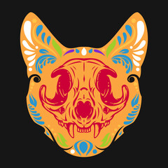Fototapeta premium Cat skull in colorful hand drawn style with floral elements isolated on black background. Bright vector cartoon art illustration. Vivid modern design concept for tattoo, print, cover.