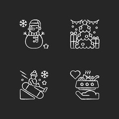 Christmas time entertainment chalk white icons set on black background. Snowman decoration. Xmas tree. Snow tubing. Soup kitchen volunteer. Isolated vector chalkboard illustrations