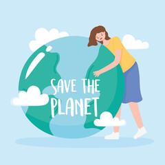 save the planet, woman hugs earth map with clouds