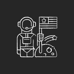 Naklejka premium Space exploration chalk white icon on black background. Human spaceflight. Investigation. Universe beyond Earth atmosphere. Crewed and uncrewed spacecraft. Isolated vector chalkboard illustration