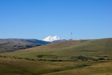 Beautiful alpine meadows on a sunny day with a view of the snowy mountain Elbrus