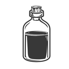 Hand drawn glass bottle in cartoon vintage style isolated on white background. Monochrome vector illustration.