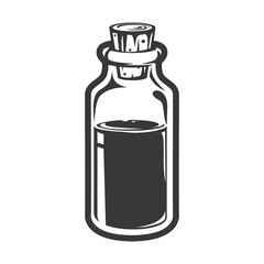 Hand drawn glass bottle in cartoon vintage style isolated on white background. Monochrome vector illustration.