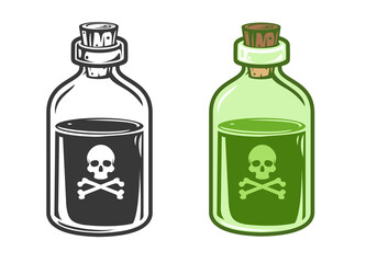 Hand drawn glass bottle with poison in cartoon vintage style isolated on white background. Vector illustration.