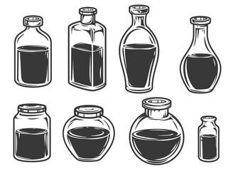 Set hand drawn filled glass jars and bottles in cartoon vintage style isolated on white background. Monochrome vector illustration.