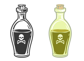 Hand drawn glass bottle with poison in cartoon vintage style isolated on white background. Vector illustration.