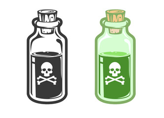 Hand drawn glass bottle with poison in cartoon vintage style isolated on white background. Vector illustration.