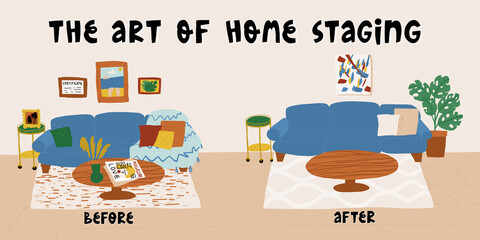 The art of home staging before and after banner template with modern living room furniture, decoration and lettering.