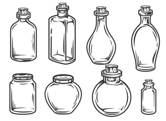 Set hand drawn empty glass jars and bottles in cartoon vintage style isolated on white background. Monochrome vector illustration.
