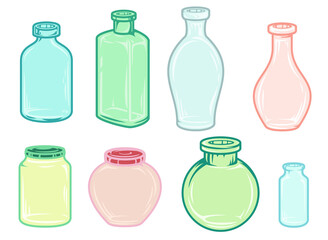 Set hand drawn empty color glass jars and bottles in cartoon vintage style isolated on white background. Bright vector illustration.
