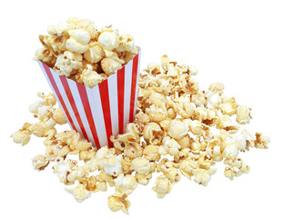 Isolated popcorn in a striped bucket on white background with clipping path