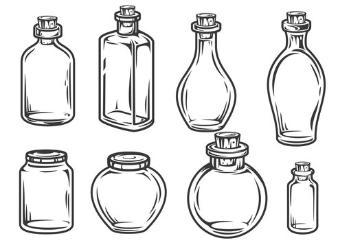 Set hand drawn empty glass jars and bottles in cartoon vintage style isolated on white background. Monochrome vector illustration.