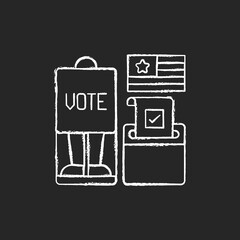 Voting booth chalk white icon on black background. Cabin in polling station. Casting ballots in elections. Privacy screen. Wide distances. Ballot drop box. Isolated vector chalkboard illustration