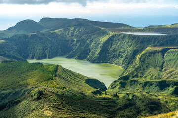 Azores, Island of Flores, view at the crater Lakes Lago Funda and the Lago Rasa
