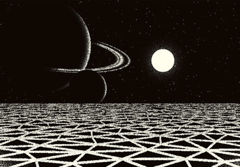 Retro dotwork landscape with 80s styled cracked land, planet with rings and sun on the background from old sci-fi book or poster. © swillklitch