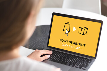 Click and Collect concept. Woman with laptop. E-commerce click and collect online ordering service symbol. Shopping bag. Shopping cart. Pickup location in French. - obrazy, fototapety, plakaty