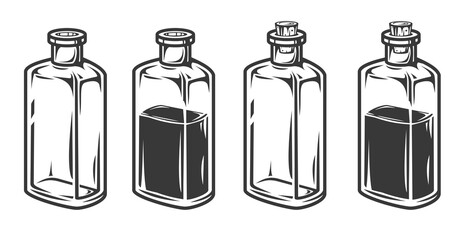 Set hand drawn empty and filled glass bottles in cartoon vintage style isolated on white background. Monochrome vector illustration.