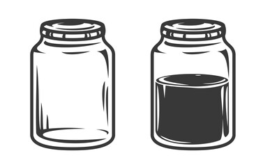 Set hand drawn empty and filled glass jar in cartoon vintage style isolated on white background. Monochrome vector illustration.