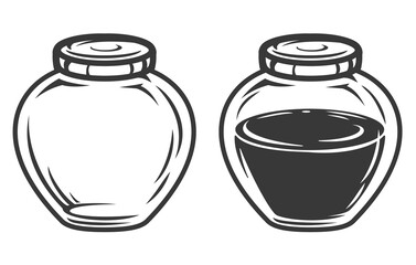 Set hand drawn empty and filled glass jar in cartoon vintage style isolated on white background. Monochrome vector illustration.