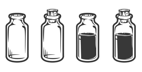 Set hand drawn empty and filled glass bottles in cartoon vintage style isolated on white background. Monochrome vector illustration.