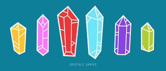 Set of color hand drawn crystals or stones different forms in minimalistic geometric cartoon style. Doodle graphic elements isolated on blue background. Vector illustration.