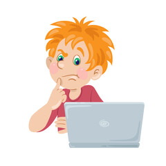 Online education for children. Funny puzzled boy looks at the laptop screen. In cartoon style. Isolated on white background. Vector flat illustration.