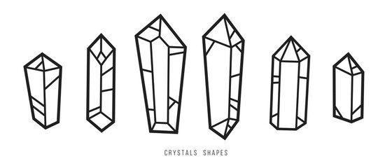 Set of monochrome hand drawn crystals or stones different forms in minimalistic geometric cartoon style. Doodle graphic elements isolated on white background. Vector illustration.