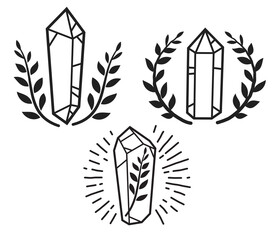 Set of monochrome hand drawn crystals or stones different forms with leaf branch in minimalistic geometric cartoon style. Doodle graphic elements isolated on white background. Vector illustration.