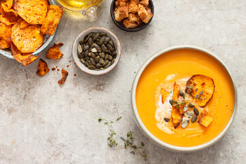 Cream of Pumpkin and sweet potato soup with seeds 