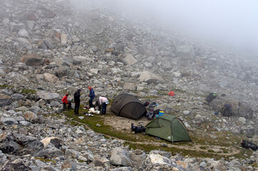 Fototapeta premium Tourists overnight. Caucasus mountains. Elbrus