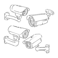 Outdoor surveillance camera. Doodle style, security camera vector sketch illustration