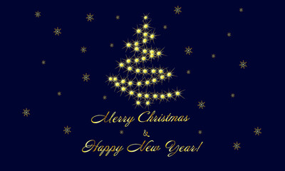 Merry Christmas and Happy New Year. Golden christmas tree icon on dark background. Vector illustration.